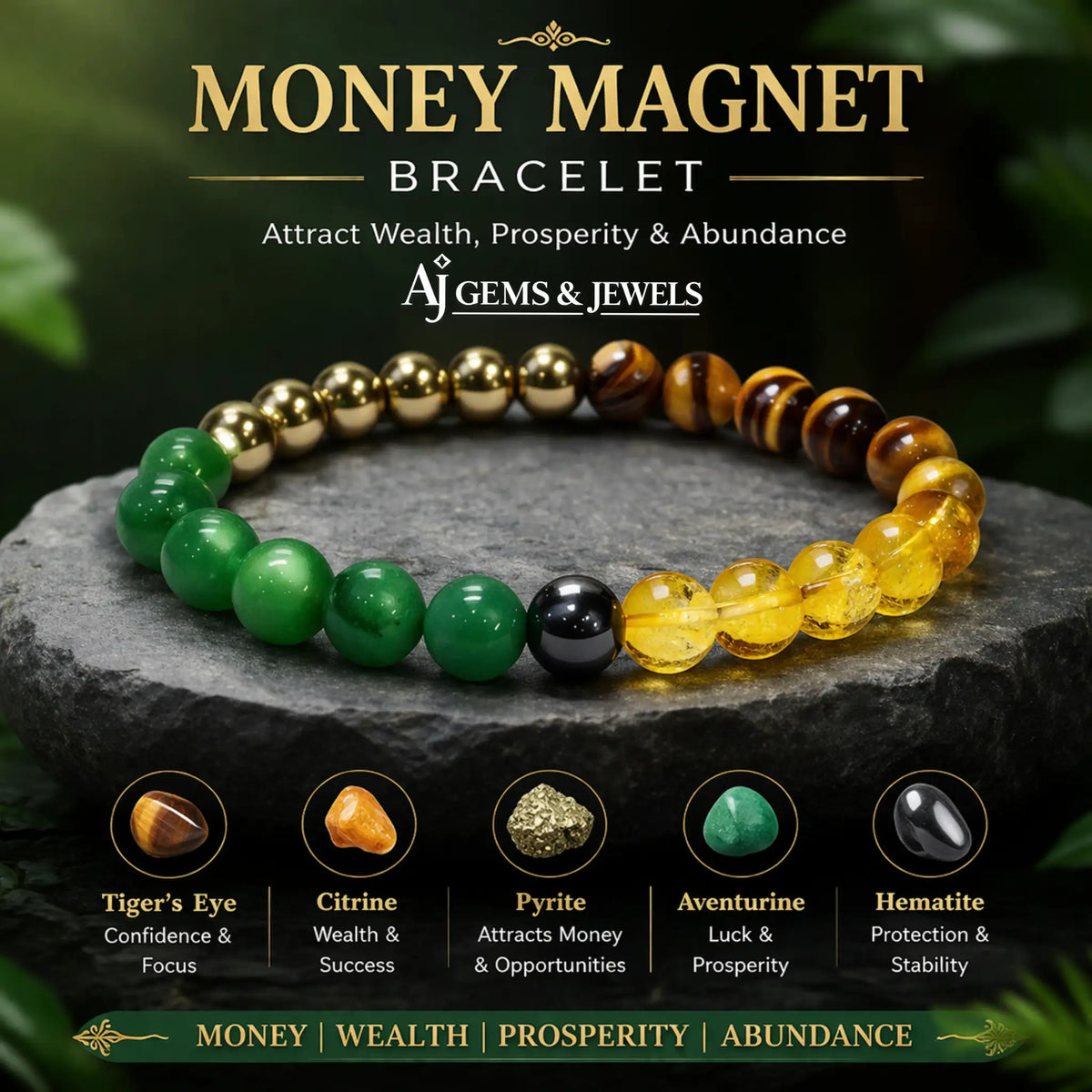 Money Magnet Bracelet – Citrine, Pyrite, Green Aventurine, Hematite & Tiger’s Eye | Wealth, Luck & Abundance